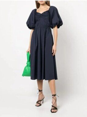 Gorgeous Jason Wu Navy Puff-Sleeve Elegant Flowy Midi Dress Women size M